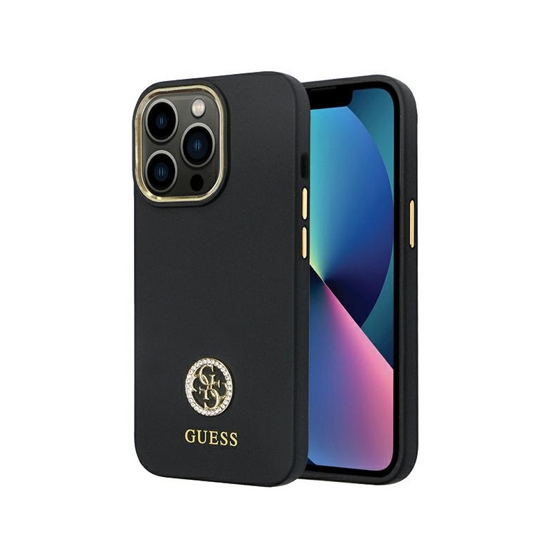 Guess Silicone Logo Strass 4G dėklas, skirtas iPhone 13 Pro / iPhone 13 – juodas
