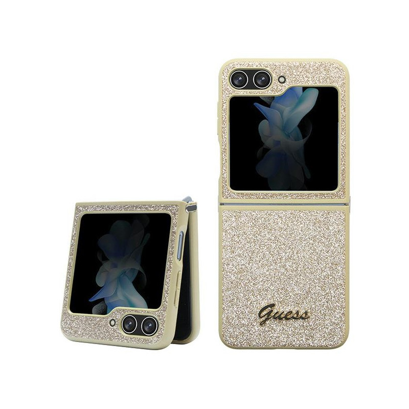 Guess Glitter Script dėklas, skirtas Samsung Galaxy Z Flip 5 - auksinis