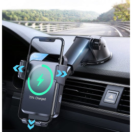 Joyroom 15W Qi belaidžio įkroviklio automatinis elektromobilio laikiklis kabinos prietaisų skydeliui / orlaidė juoda (JR...