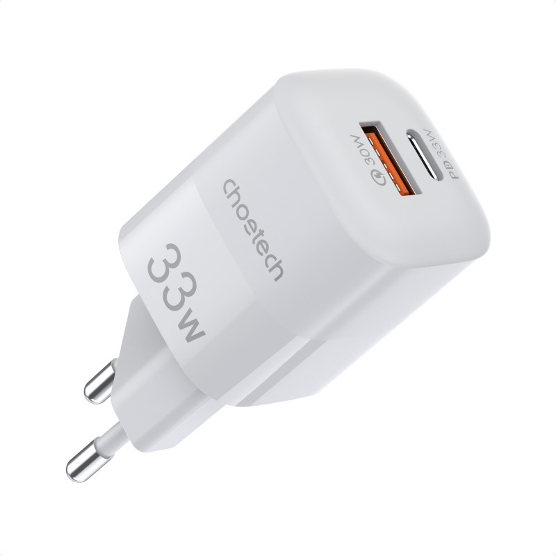 Choetech PD5006 GaN USB-A / USB-C 33W PD QC sieninis įkroviklis - baltas