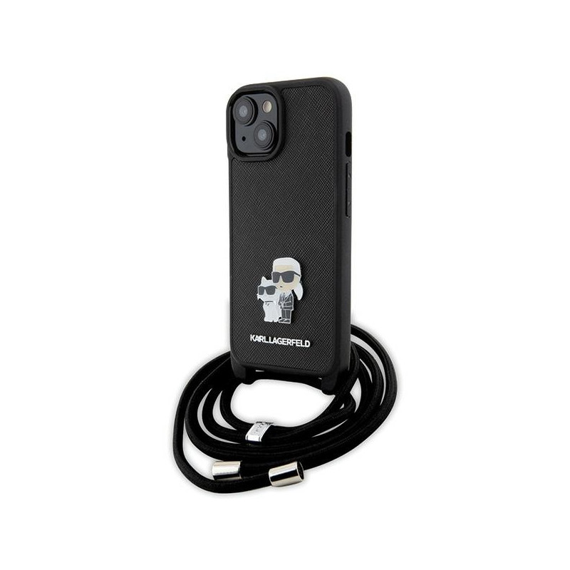 Karl Lagerfeld Crossbody Saffiano Metal Pin Karl&Choupette dėklas iPhone 15 - juodas