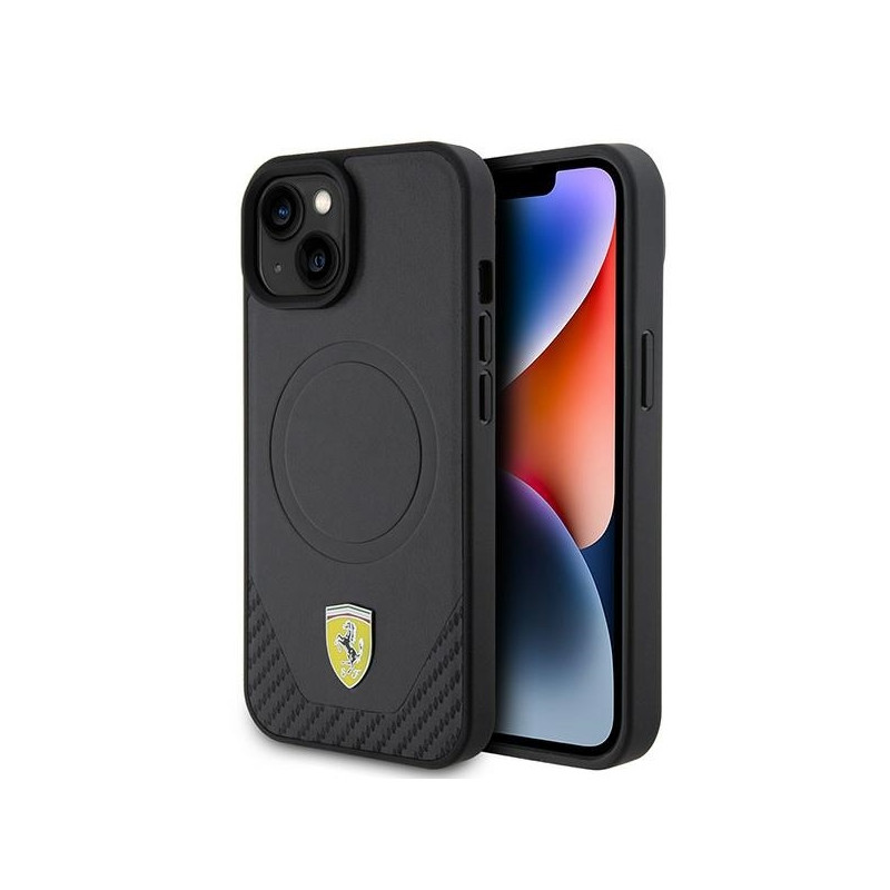 Ferrari Carbon Metal Logo MagSafe dėklas iPhone 15 - juodas