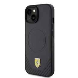 Ferrari Carbon Metal Logo MagSafe dėklas iPhone 15 - juodas