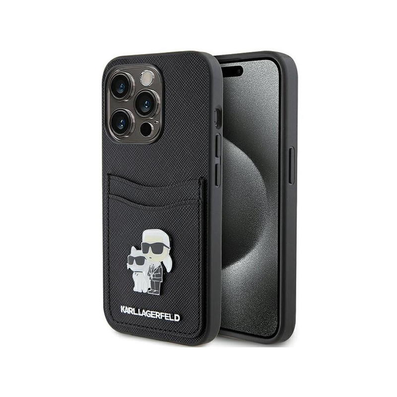 Karl Lagerfeld Saffiano Cardslot Karl&Choupette Metal Pin dėklas iPhone 15 Pro - juodas