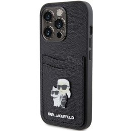 Karl Lagerfeld Saffiano Cardslot Karl&Choupette Metal Pin dėklas iPhone 15 Pro - juodas