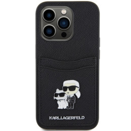 Karl Lagerfeld Saffiano Cardslot Karl&Choupette Metal Pin dėklas iPhone 15 Pro - juodas