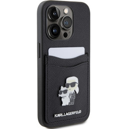 Karl Lagerfeld Saffiano Cardslot Karl&Choupette Metal Pin dėklas iPhone 15 Pro - juodas