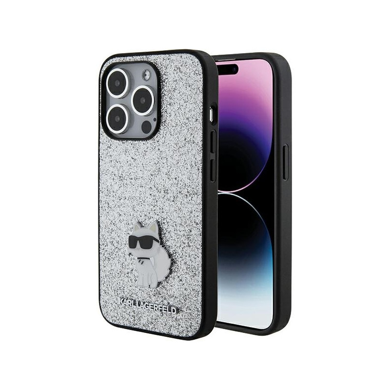 Karl Lagerfeld Fixed Glitter Choupette Logo Metalinis Pin Dėklas, skirtas iPhone 15 Pro Max – Sidabrinis