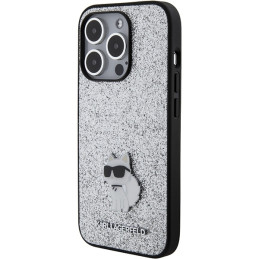 Karl Lagerfeld Fixed Glitter Choupette Logo Metalinis Pin Dėklas, skirtas iPhone 15 Pro Max – Sidabrinis