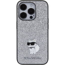 Karl Lagerfeld Fixed Glitter Choupette Logo Metalinis Pin Dėklas, skirtas iPhone 15 Pro Max – Sidabrinis