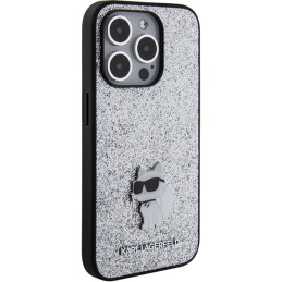 Karl Lagerfeld Fixed Glitter Choupette Logo Metalinis Pin Dėklas, skirtas iPhone 15 Pro Max – Sidabrinis