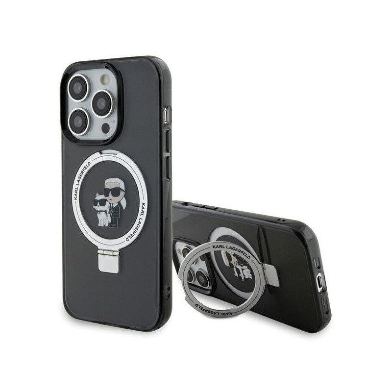 Karl Lagerfeld Ring Stand Karl&Choupette MagSafe dėklas iPhone 15 Pro - juodas