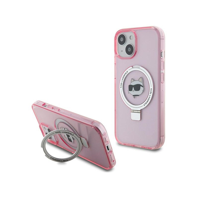 Karl Lagerfeld Ring Stand Choupette Head MagSafe dėklas iPhone 15 - rožinis