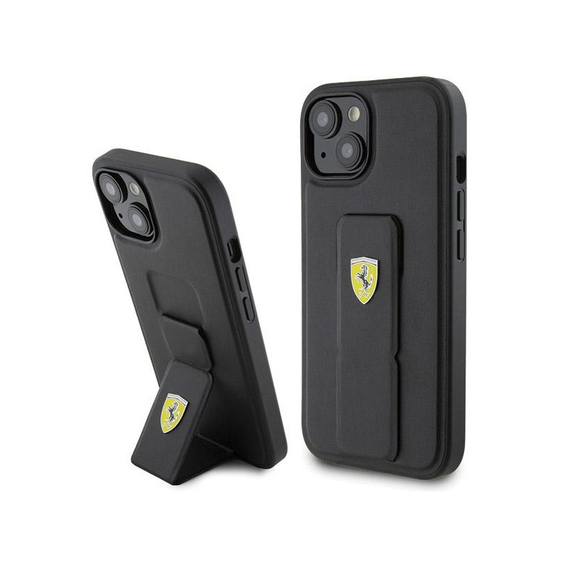Ferrari Grip Stand metalinis logotipo dėklas iPhone 15 - juodas
