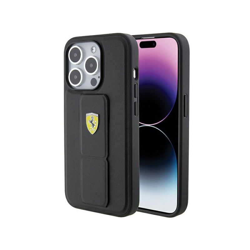 Ferrari Grip Stand metalinis logotipo dėklas skirtas iPhone 15 Pro Max - juodas