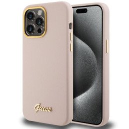 Guess Silicone Script Metal Logo & Frame dėklas iPhone 15 Pro Max - rožinis