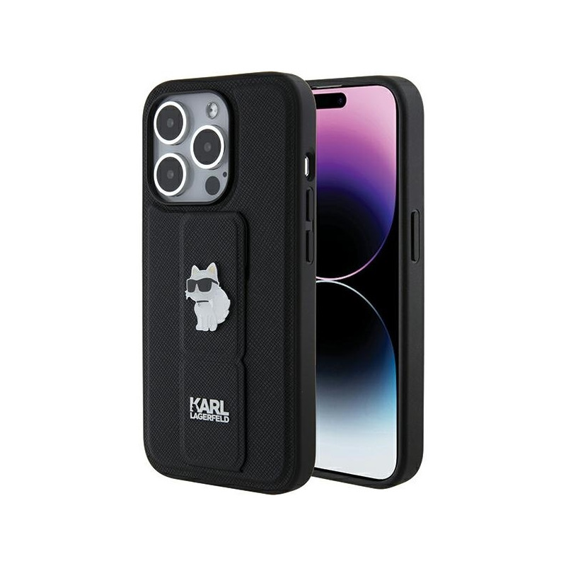 Karl Lagerfeld Gripstand Saffiano Choupette Pins dėklas iPhone 15 Pro - juodas