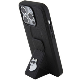Karl Lagerfeld Gripstand Saffiano Choupette Pins dėklas iPhone 15 Pro - juodas