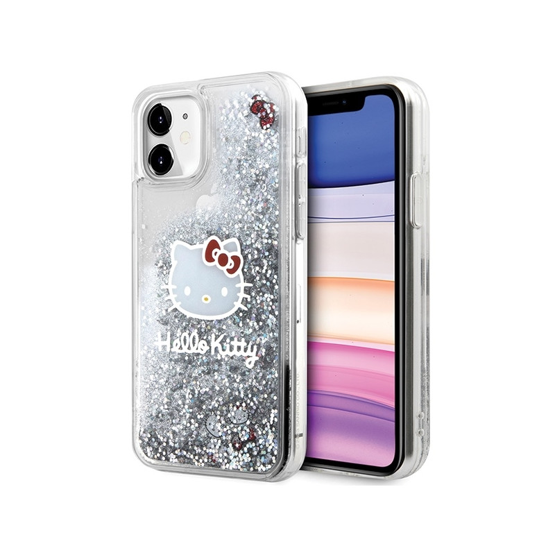 Hello Kitty Liquid Glitter Charms Kitty galvos dėklas, skirtas iPhone 11 / Xr – sidabrinis
