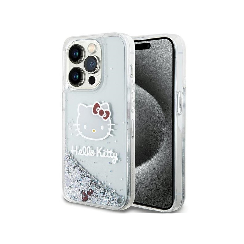 Hello Kitty Liquid Glitter Charms Kitty Head dėklas iPhone 15 Pro - sidabrinis