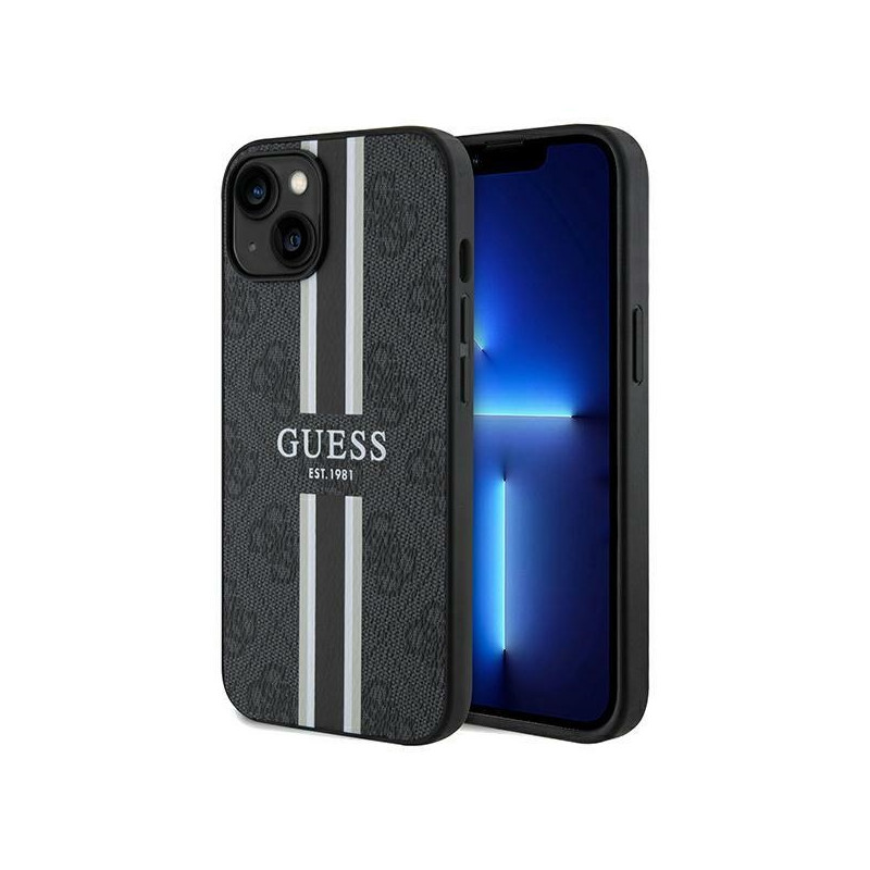 Guess 4G Printed Stripes MagSafe dėklas, skirtas iPhone 15/ 14/ 13 – juodas
