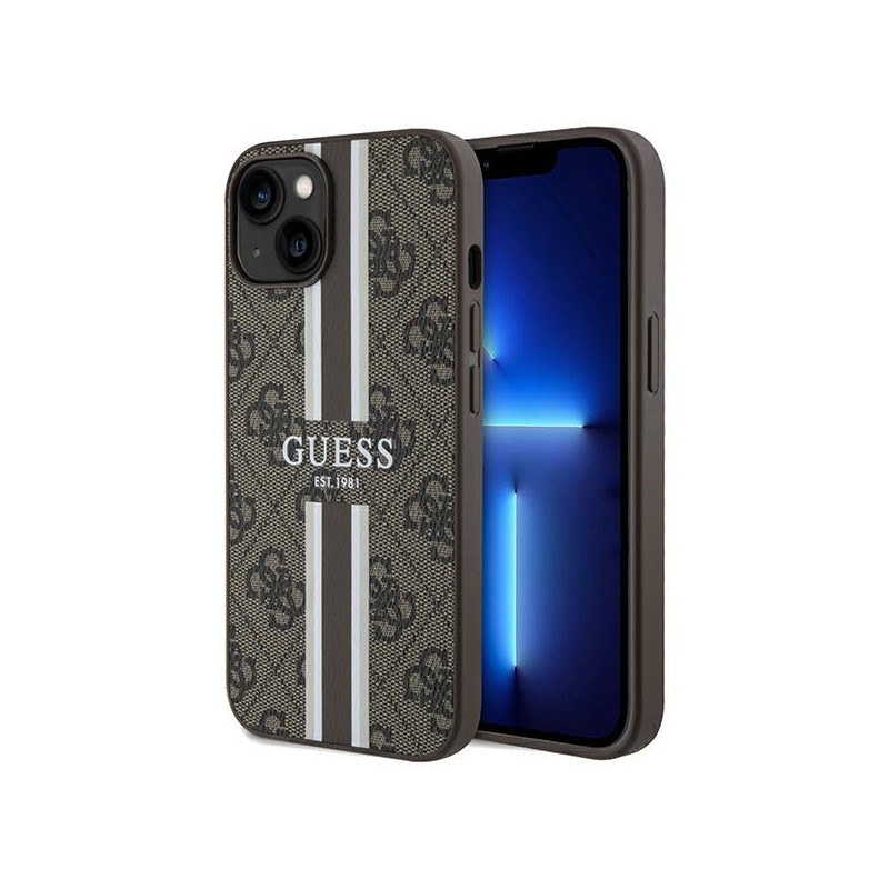 Guess 4G Printed Stripes MagSafe dėklas, skirtas iPhone 15/ 14/ 13 – rudas