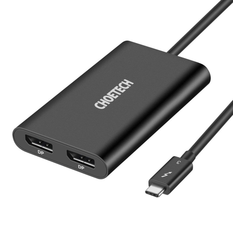 Choetech adapterio adapteris USB Type C Thunderbolt 3 (40Gbps) skirstytuvas – 2x DisplayPort 4K 60Hz juoda (HUB-D03)