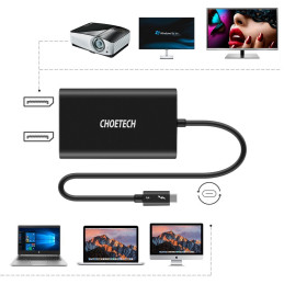 Choetech adapterio adapteris USB Type C Thunderbolt 3 (40Gbps) skirstytuvas – 2x DisplayPort 4K 60Hz juoda (HUB-D03)