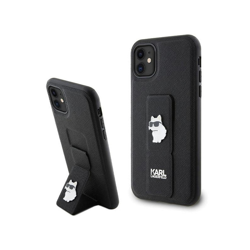 Karlo Lagerfeldo rankenos stovas Saffiano Choupette Pins dėklas, skirtas iPhone 11 / Xr – juodas