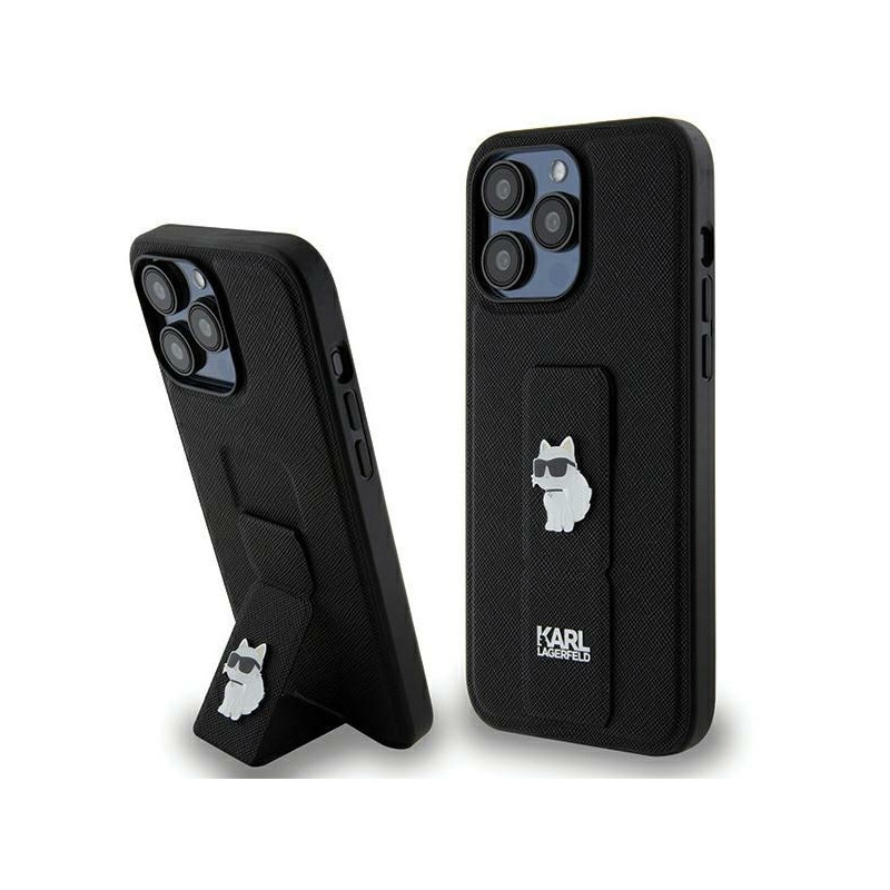 Karl Lagerfeld Gripstand Saffiano Choupette Pins dėklas, skirtas iPhone 13 Pro Max - juodas