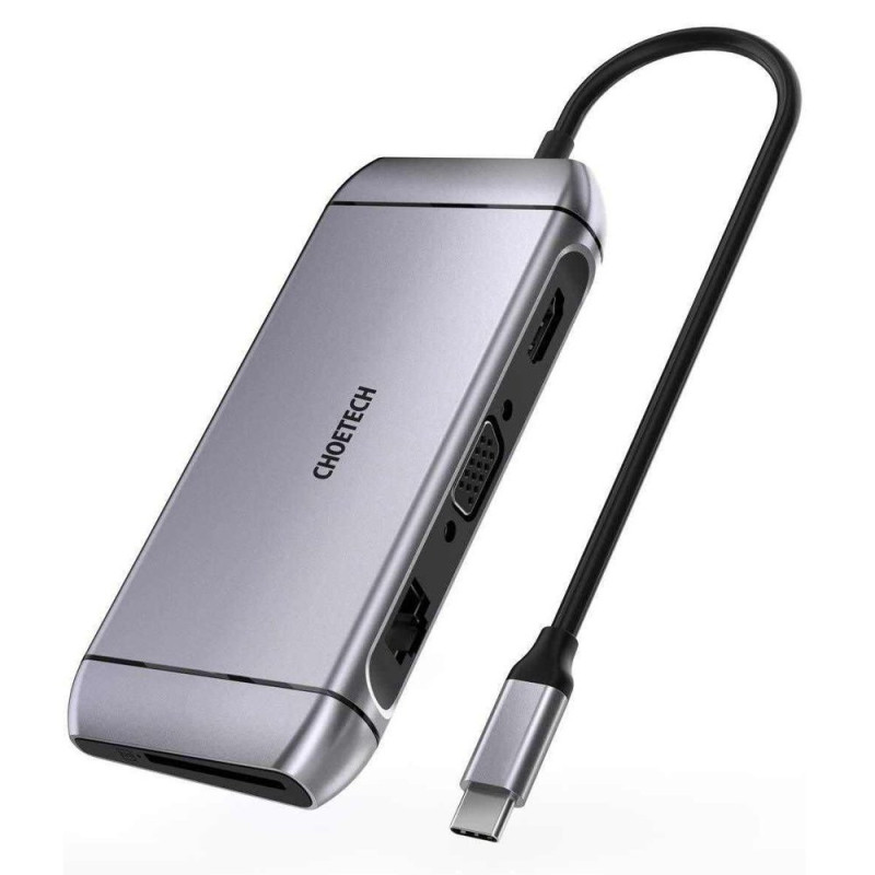 „Choetech 9in1“ daugiafunkcis USB Type C HUB – 3x USB 3.2 Gen 1 / SD ir TF kortelių skaitytuvas / HDMI 4K 30Hz / VGA Ful...