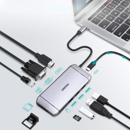 „Choetech 9in1“ daugiafunkcis USB Type C HUB – 3x USB 3.2 Gen 1 / SD ir TF kortelių skaitytuvas / HDMI 4K 30Hz / VGA Ful...