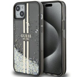 Guess Liquid Glitter Gold Stripes dėklas, skirtas iPhone 15 Plus / 14 Plus - juodas