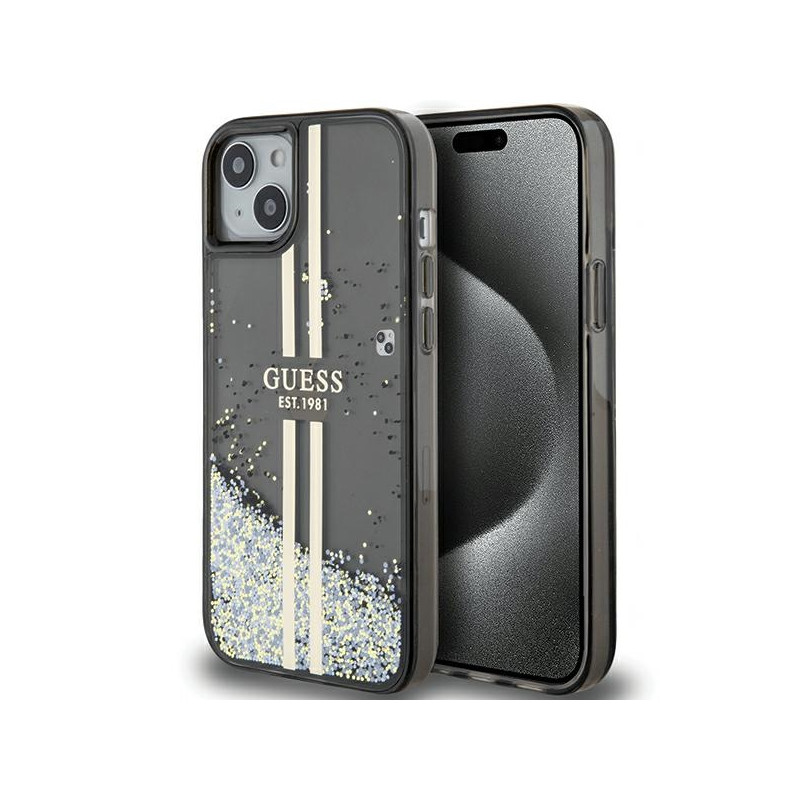 Guess Liquid Glitter Gold Stripes dėklas, skirtas iPhone 15 Plus / 14 Plus - juodas