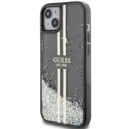 Guess Liquid Glitter Gold Stripes dėklas, skirtas iPhone 15 Plus / 14 Plus - juodas