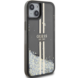 Guess Liquid Glitter Gold Stripes dėklas, skirtas iPhone 15 Plus / 14 Plus - juodas