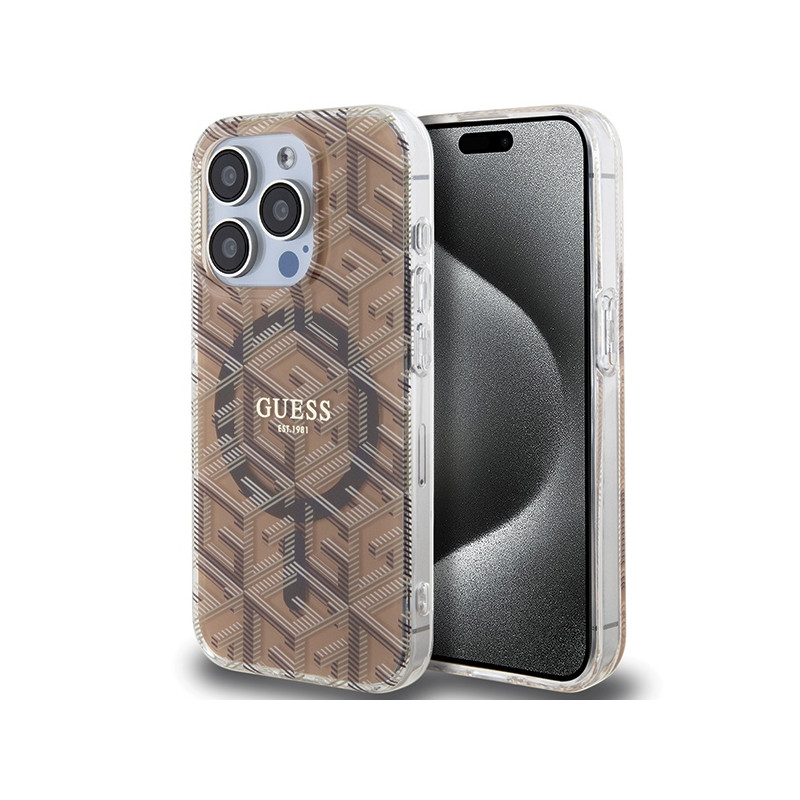 Guess IML GCube MagSafe dėklas iPhone 15 Pro - rudas