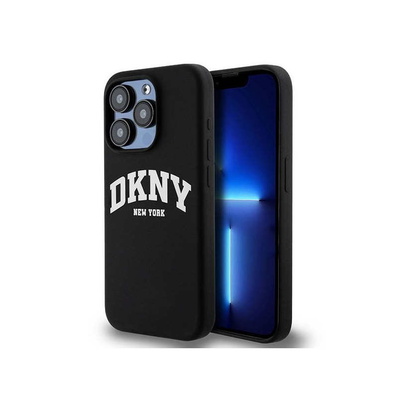 DKNY Liquid Silicone White Printed Logo MagSafe dėklas iPhone 15 Pro - juodas