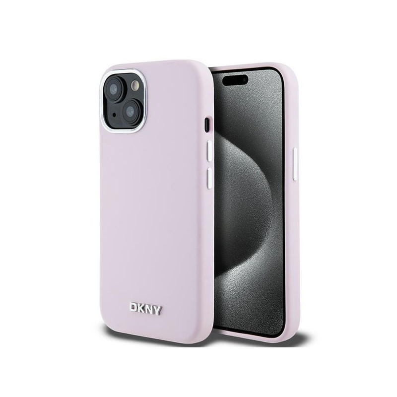 DKNY skysto silikono mažas metalinis logotipas MagSafe dėklas, skirtas iPhone 15 Plus / 14 Plus – rožinis
