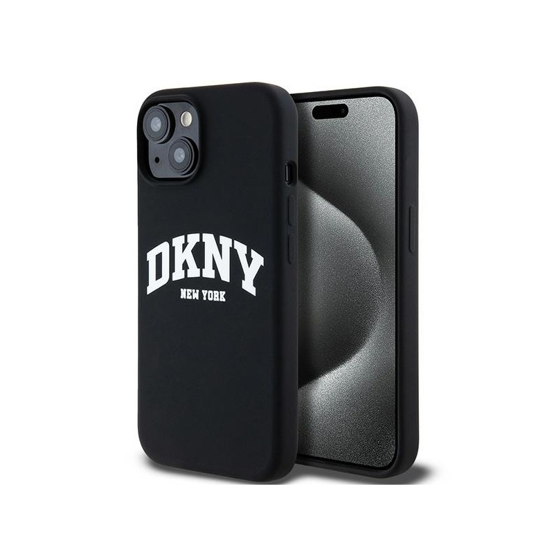 DKNY skysto silikono baltas spausdintas logotipas MagSafe dėklas, skirtas iPhone 15 Plus / 14 Plus - juodas