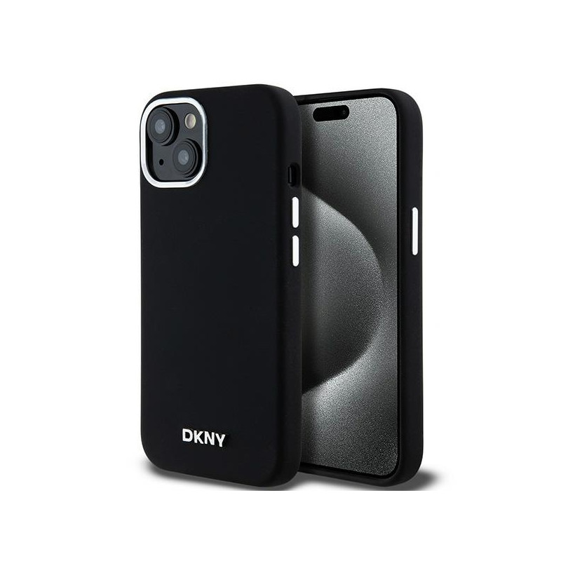 DKNY skysto silikono mažas metalinis logotipas MagSafe dėklas, skirtas iPhone 15/ 14/ 13 – juodas