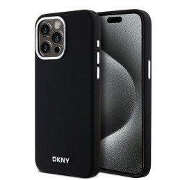 DKNY skysto silikono mažas metalinis logotipas MagSafe dėklas, skirtas iPhone 15 Pro Max - juodas