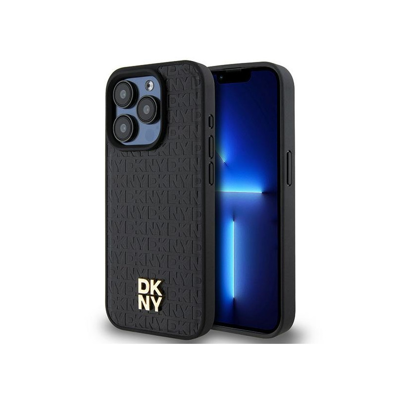 DKNY odinis monogramos raštas metalinis logotipas MagSafe dėklas, skirtas iPhone 15 Pro – juodas