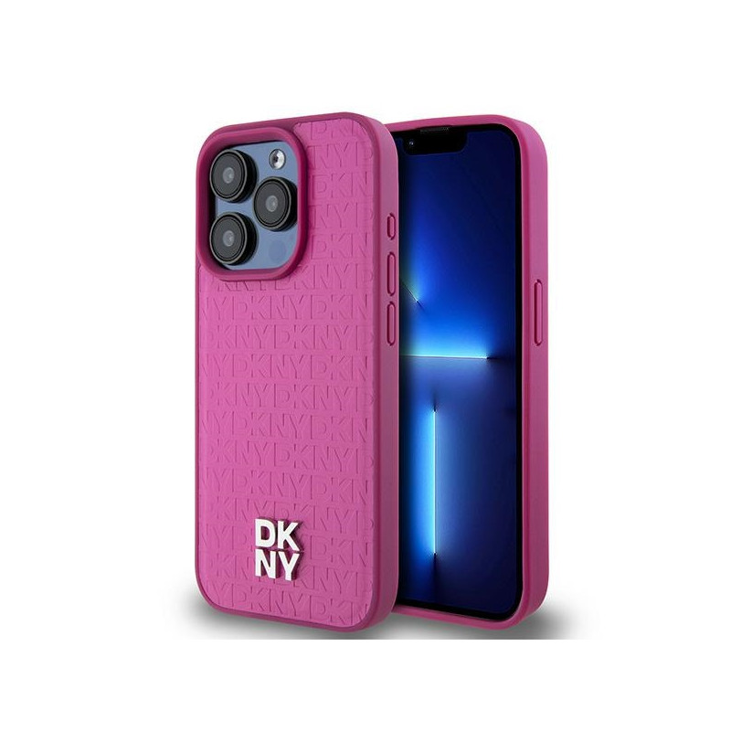 DKNY odinis monogramos raštas metalinis logotipas MagSafe dėklas, skirtas iPhone 15 Pro – rožinis