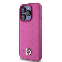 DKNY odinis monogramos raštas metalinis logotipas MagSafe dėklas, skirtas iPhone 15 Pro – rožinis