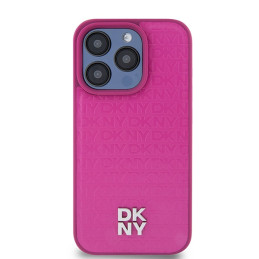 DKNY odinis monogramos raštas metalinis logotipas MagSafe dėklas, skirtas iPhone 15 Pro – rožinis