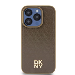 DKNY odinis monogramos raštas metalinis logotipas MagSafe dėklas, skirtas iPhone 15 Pro – rudas