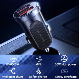Joyroom C-A09 Mini greitas automobilinis įkroviklis 2x USB 30W Quick Charge, SCP, PD, AFC juodas