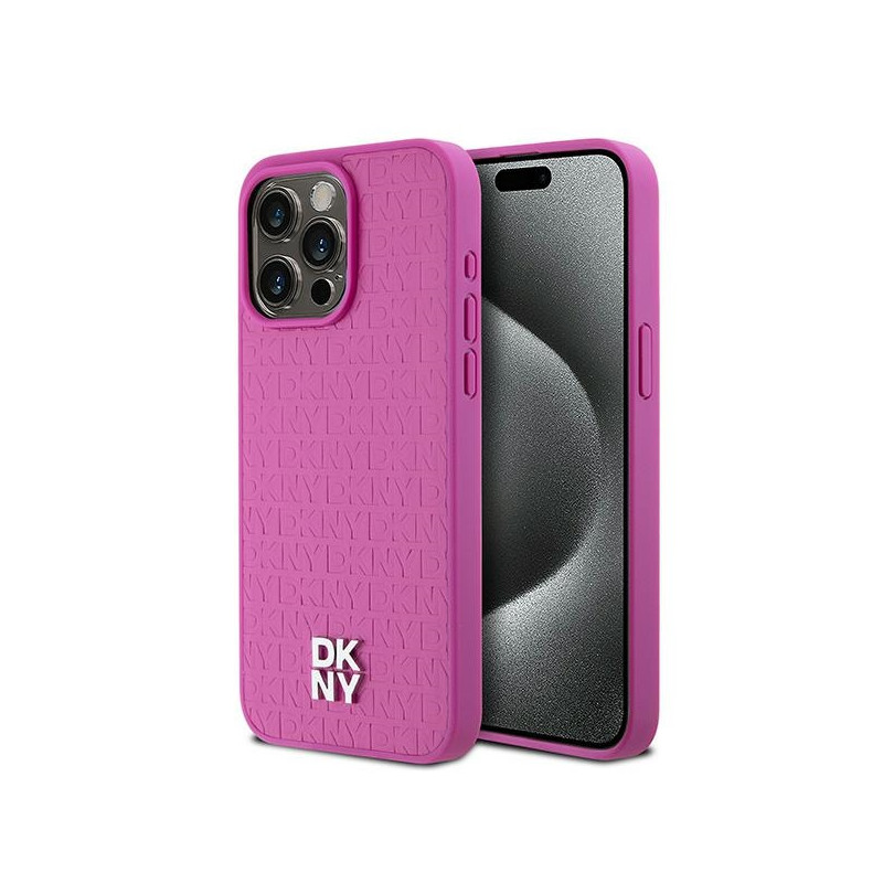 DKNY odinis monogramos raštas metalinis logotipas MagSafe dėklas, skirtas iPhone 15 Pro Max – rožinis