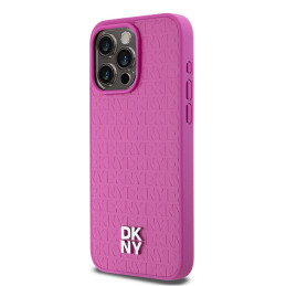 DKNY odinis monogramos raštas metalinis logotipas MagSafe dėklas, skirtas iPhone 15 Pro Max – rožinis